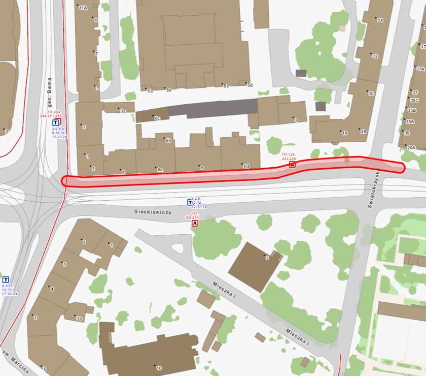 Na mapie zaznaczony jest przebieg drogi rowerowej, która połączy plac Bema ze Świętokrzyską