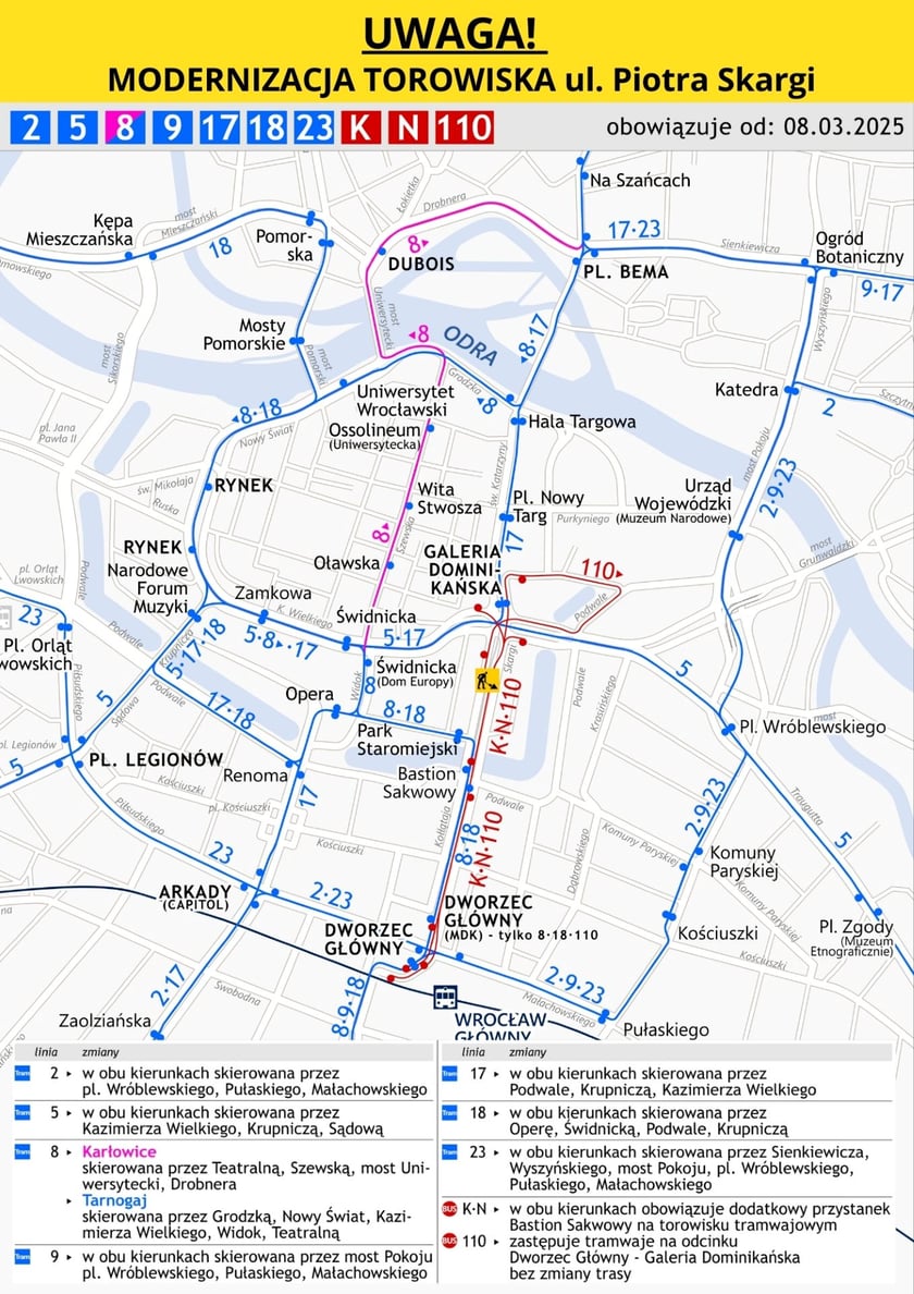 Mapa przedstawia trasy tramwajów podczas remontu torowiska na Piotra Skargi
