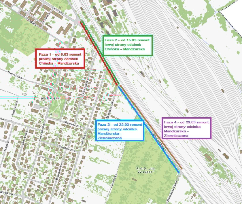 Mapa przedstawia cztery etapy prac na ulicy Mościckiego