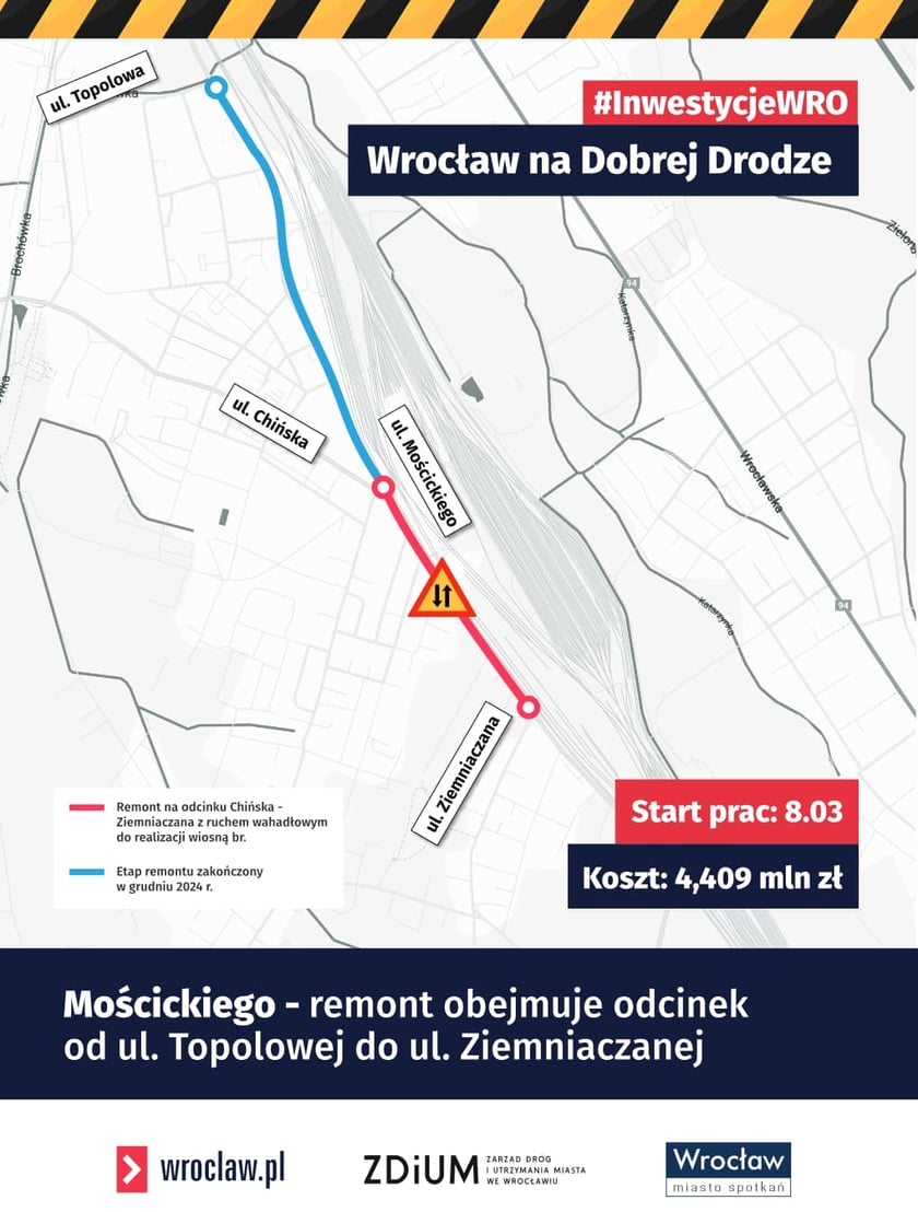 Na mapie zaznaczony jest odcinek Mościckiego wyremontowany w grudniu oraz ten, którego remont rozpocznie się 8 marca