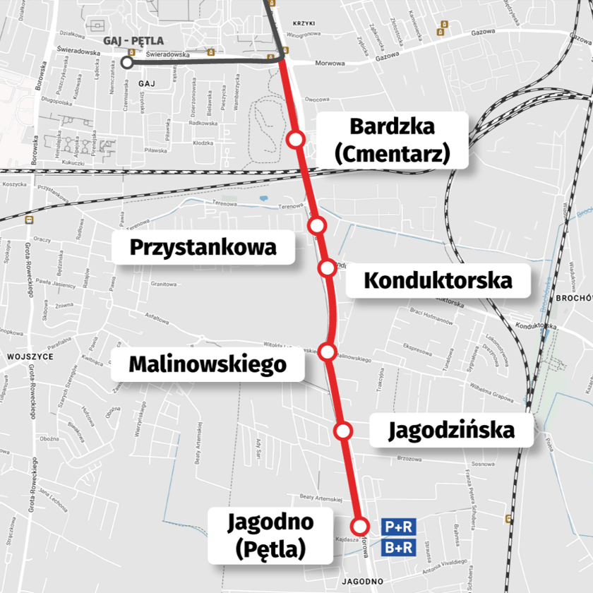 <p>Mapa przedstawia trasę tramwaju na Jagodno</p>