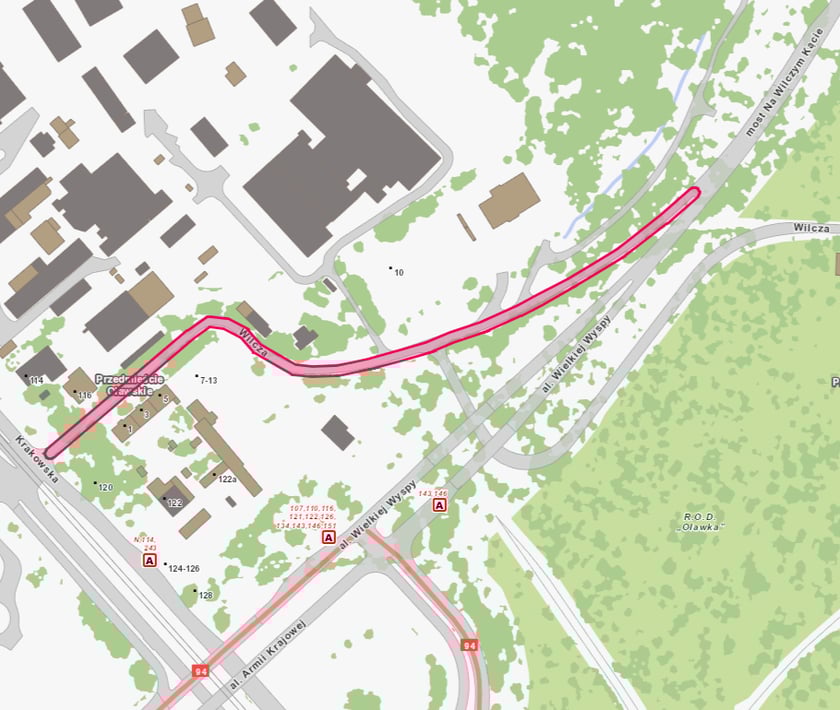 Mapa przedstawia zjazd z mostu Na Wilczym Kącie na ul. Wilczą i dojazd do ul. Krakowskiej