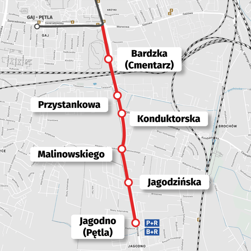 Mapa z przebiegiem linii tramwajowej na Jagodno