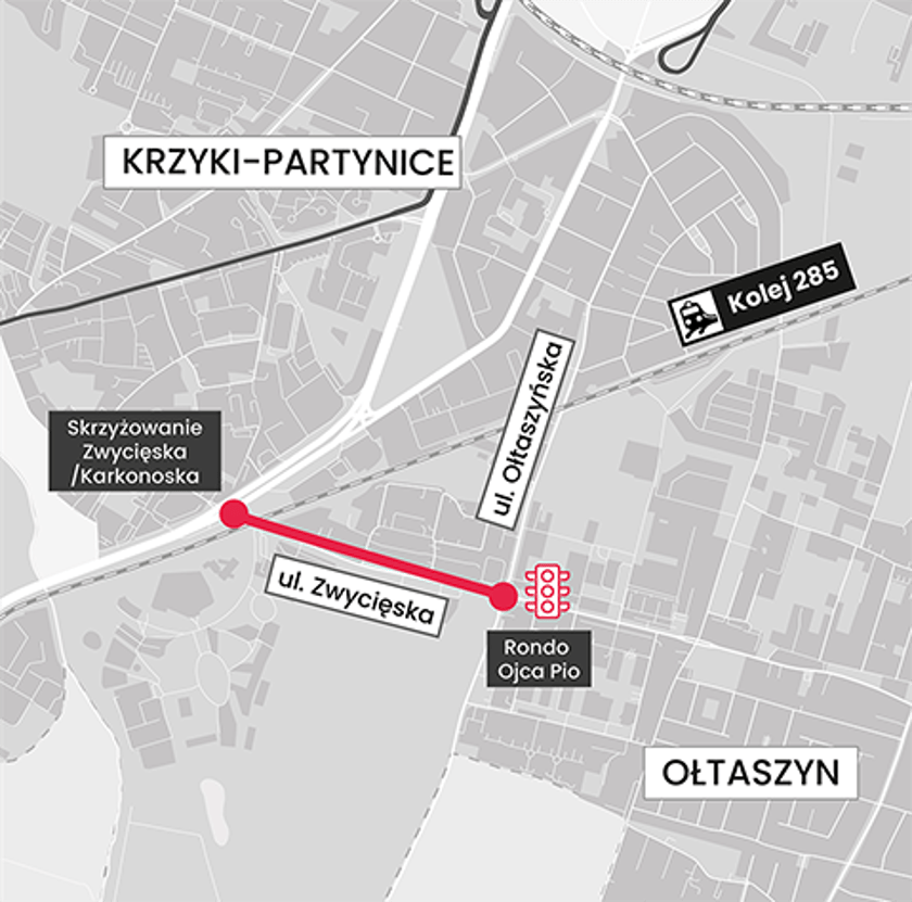 Mapa przedstawia odcinek ulicy Zwycieskiej, który zostanie przebudowany