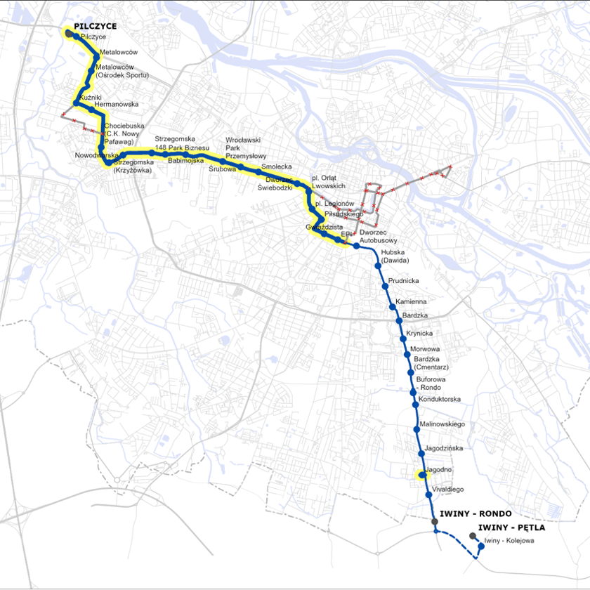 <p>Mapa przedstawia trasę nowej linii 110. Powstanie ona z połączenia obecnych linii 110 i 149. Nowa 110 kursować będzie z Pilczyc aż do Iwin, przejeżdżając obok dworca i przez nową pętlę "Jagodno". W dni robocze kursować będzie co 15 minut, a w dni wolne co 30 minut.&nbsp;</p>