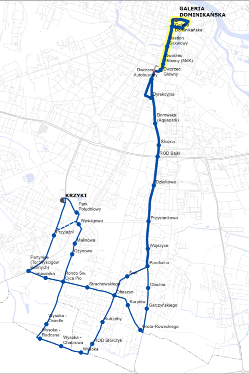 <p>Mapa przedstawia nowe trasy linii 112 i 113. 5 maja zostaną wydłużone od dworca do przystanku "Galeria Dominikańska". 112 tak, jak dotychczas, kursować będzie co godzinę, a 113 co 15 minut w dni robocze i w soboty, a w niedziele co p&oacute;ł godziny.</p>