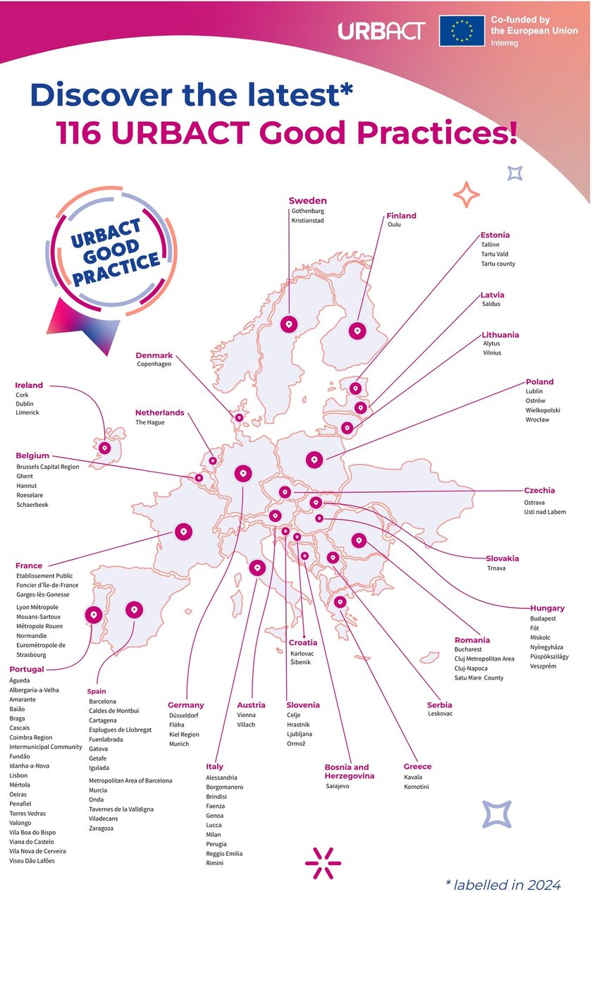 <p>Mapa Europy z wymienionymi miastami, z kt&oacute;rych pochodzi 116 dobrych praktyk, kt&oacute;re wyr&oacute;żnione zostaną podczas URBACT City Festival 2025. Infografika</p>