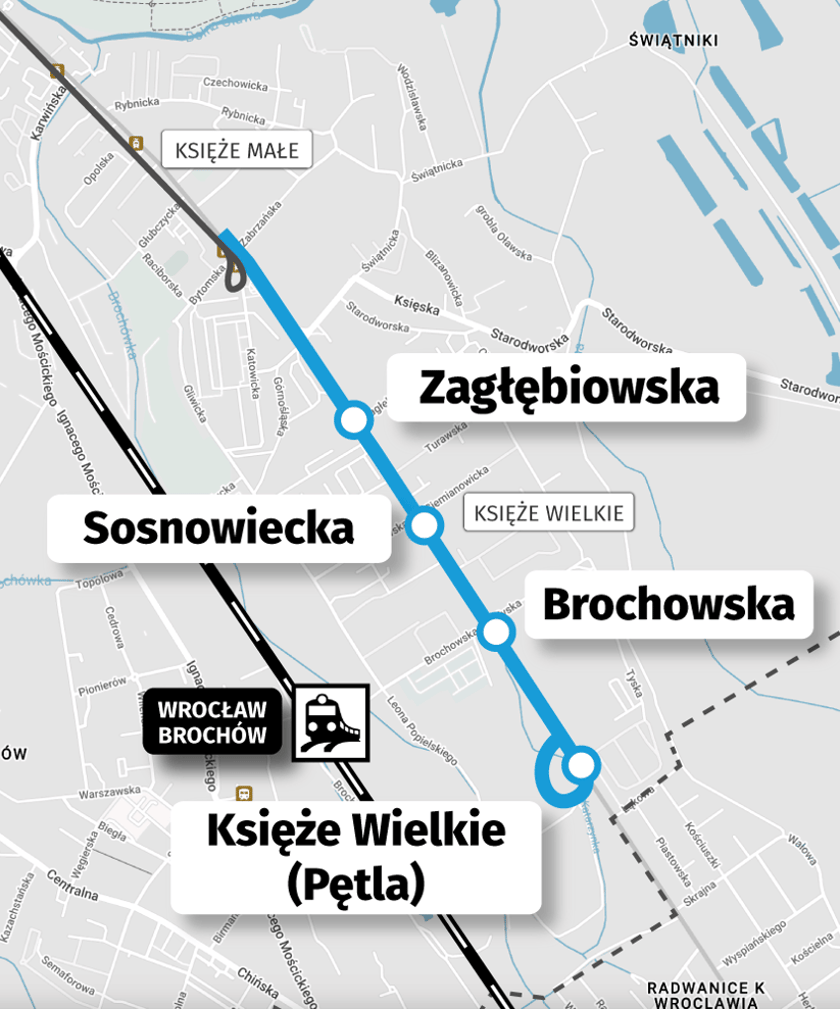 Mapa przedstawia przebieg linii tramwajowej na Księże Wielkie