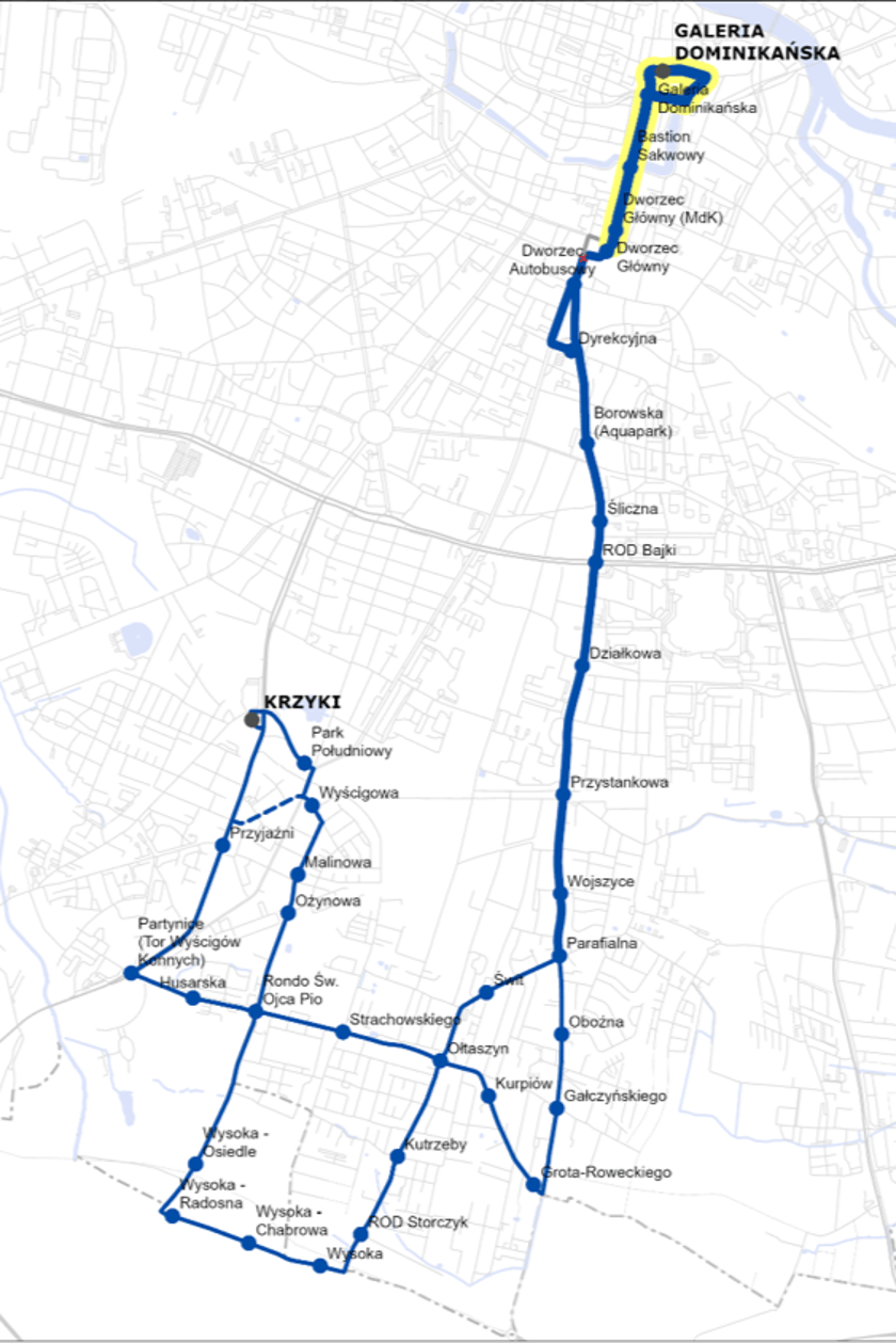 LINIE 112+113 przedłużone od Dworca do Galerii Dominikańskiej. Częstotliwość 112: co 60 minut w dni robocze i dni wolne. Częstotliwość 113: co 15 minut w dni robocze, co 15 minut w soboty, co 30 minut w niedziele