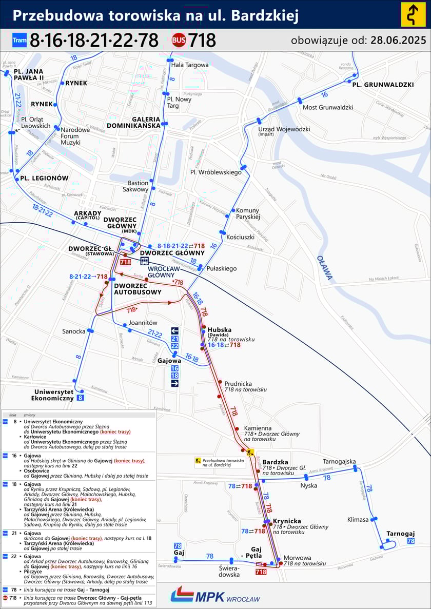 Mapa przedstawia zmiany w komunikacji miejskiej obowiązujące od 28 czerwca związane z przebudową ulicy Bardzkiej