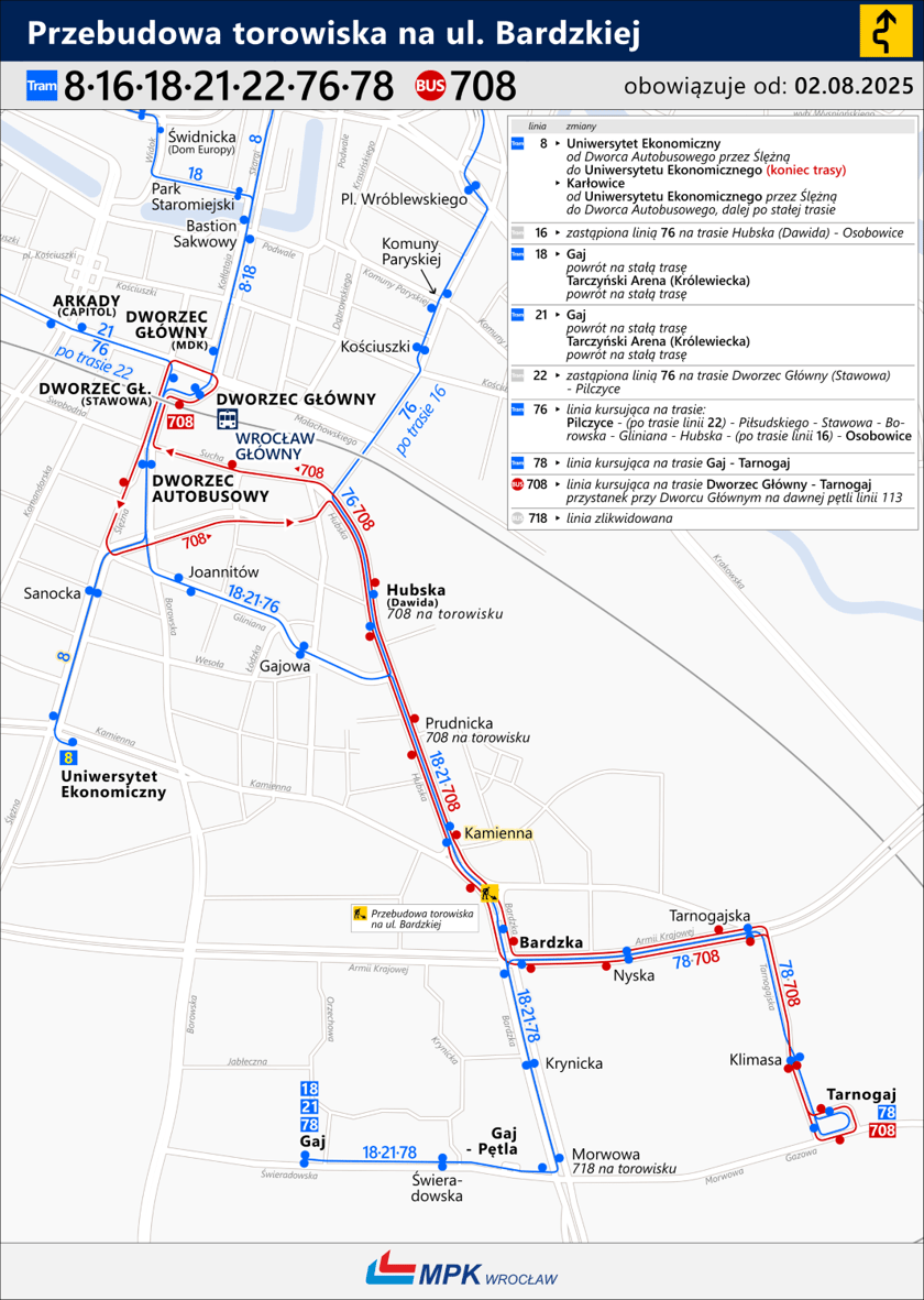 Mapa przedstawia trasy komunikacji miejskiej obowiązujące od 2 sierpnia