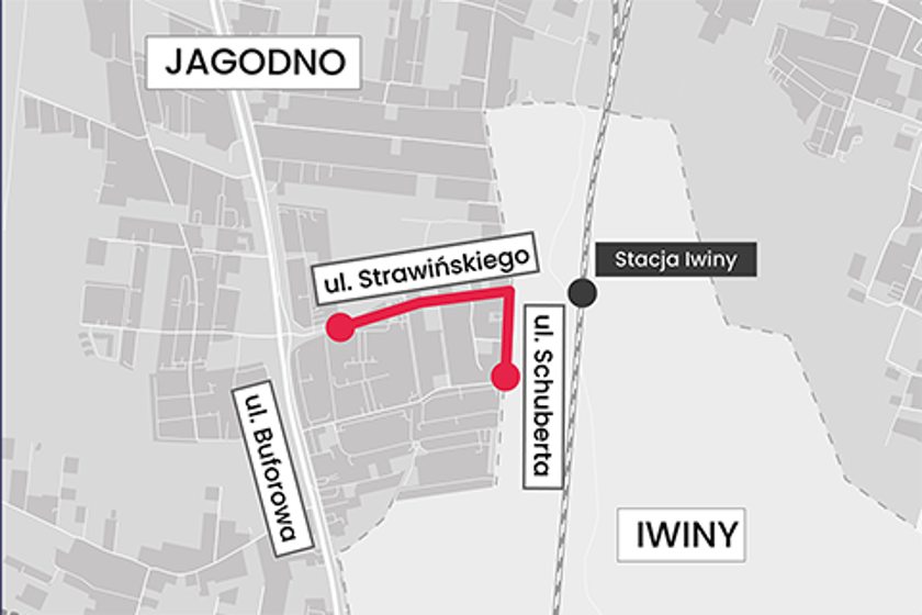 Mapa przedstawia zakres prac, które ułatwią dotarcie do stacji kolejowej Iwiny