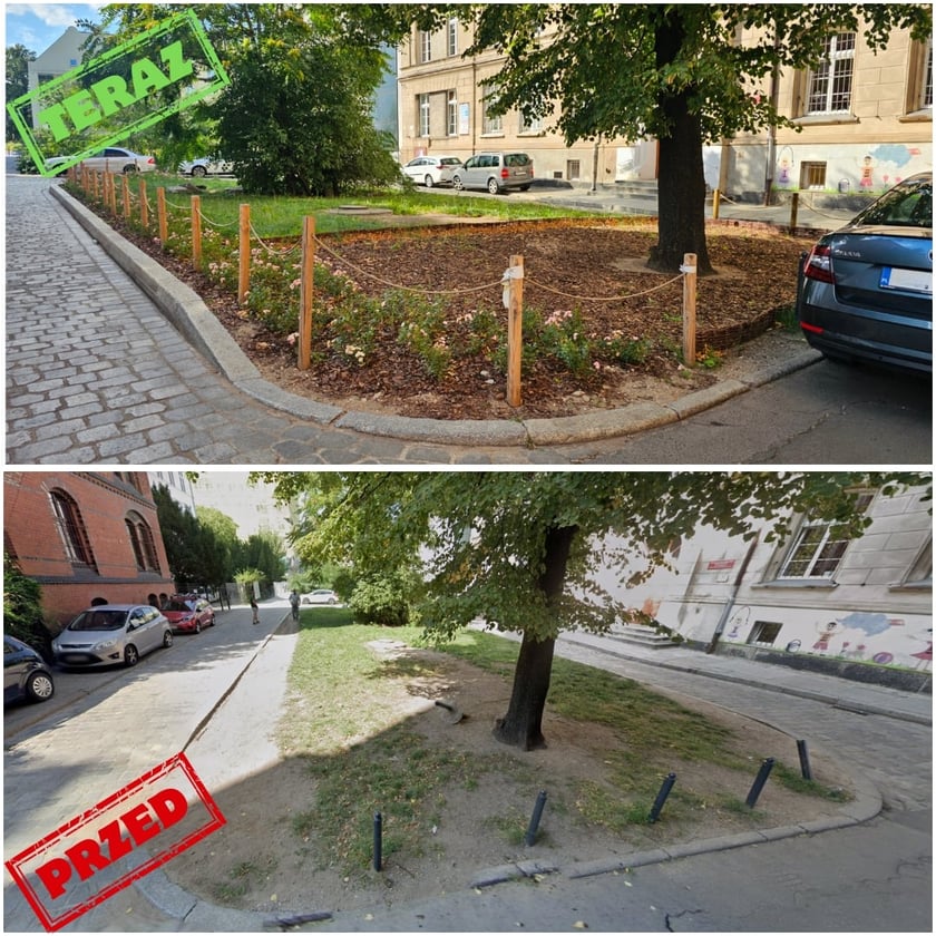 <p>Plac Franciszkański przed i po rewitalizacji - teraz samochody nie wjadą już w bezpośrednie sąsiedztwo drzew i nie będą powodować ucisku na systemy korzeniowe</p>