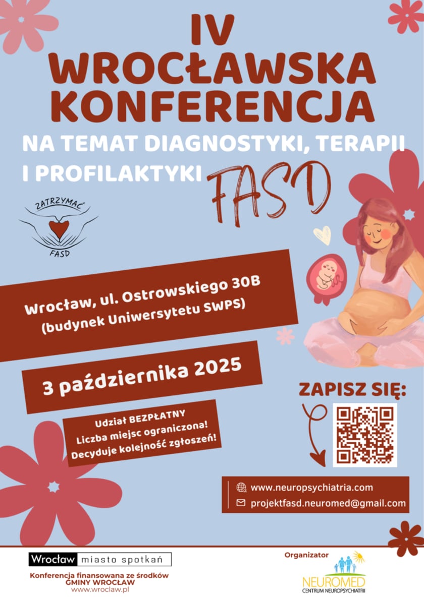 <p>Plakat z informacją o dacie i miejscu konferencji na temat diagnostyki, terapii i profilaktyki FAS</p>