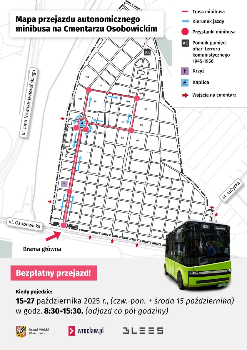 Mapa przedstawia trasę autonomicznego busa na cmentarzu Osobowickim