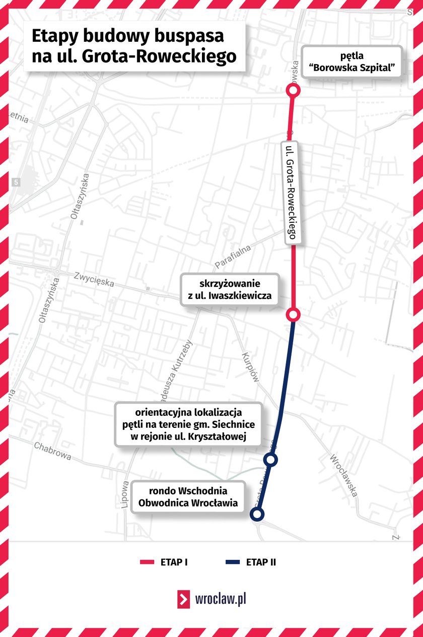 Mapa przedstawia ulicę Grota-Roweckiego i zaznaczone etapy budowy buspasa