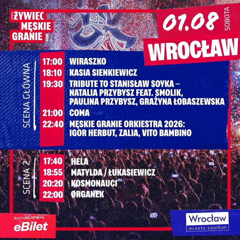 Męskie Granie 2026 we Wrocławiu. Harmonogram koncertów 1.08.