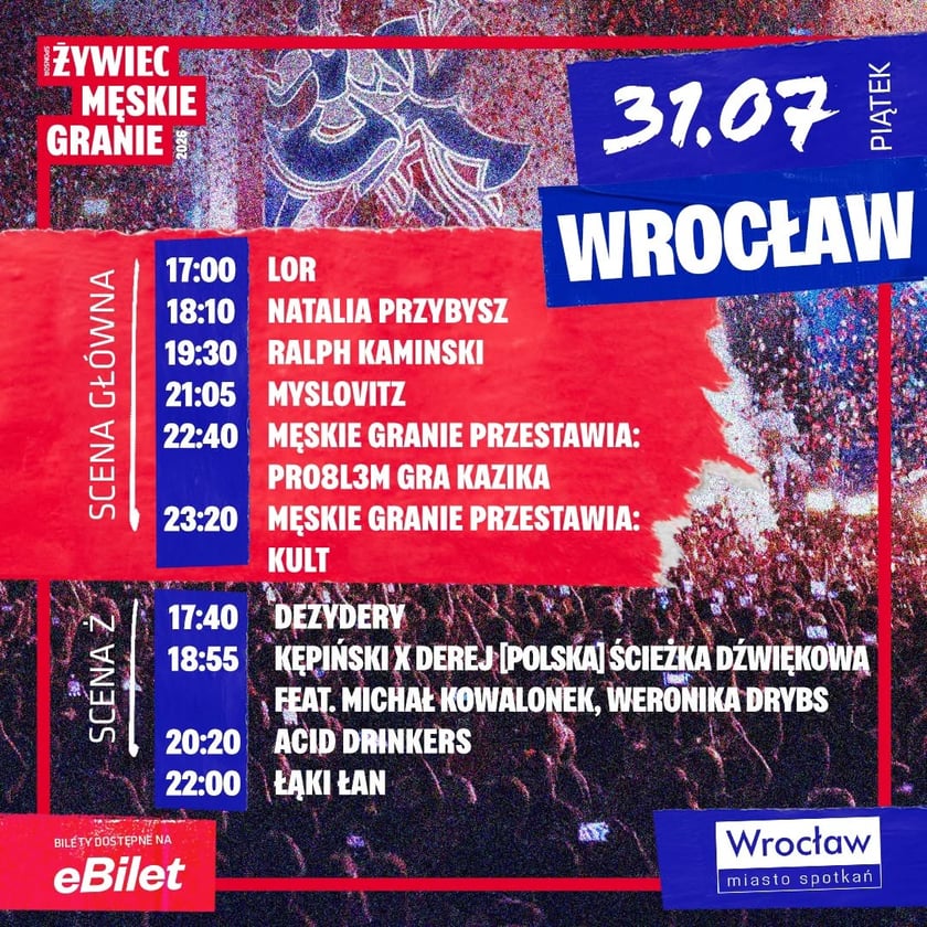 Męskie Granie 2026 we Wrocławiu. Harmonogram koncertów 31.07.