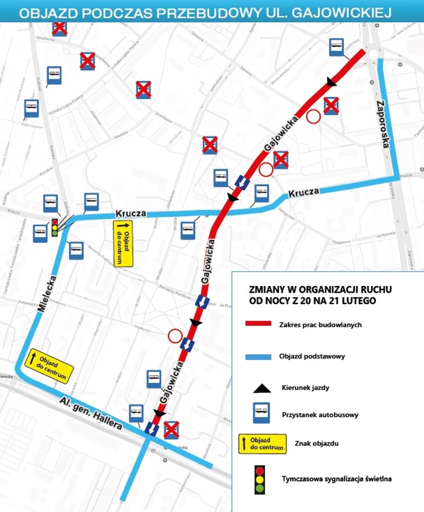 Mapa przedstawia objazd ulicy Gajowickiej