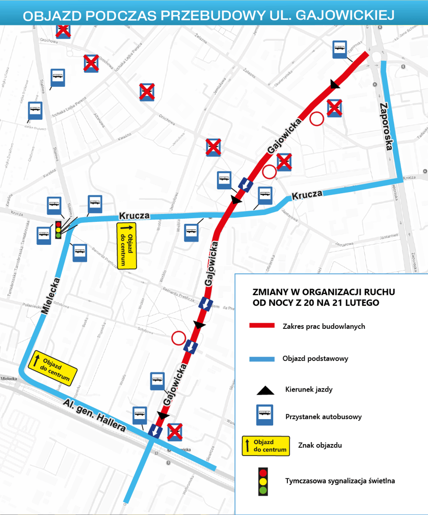 Mapa przedstawia objazd dla kierowców spowodowany przebudową ulicy Gajowickiej