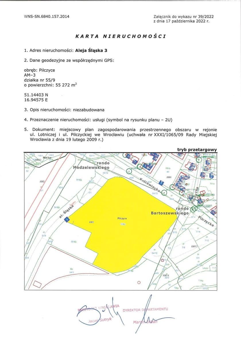 Powiększ obraz: Dokument z mapką działki przy Tarczyński Arena