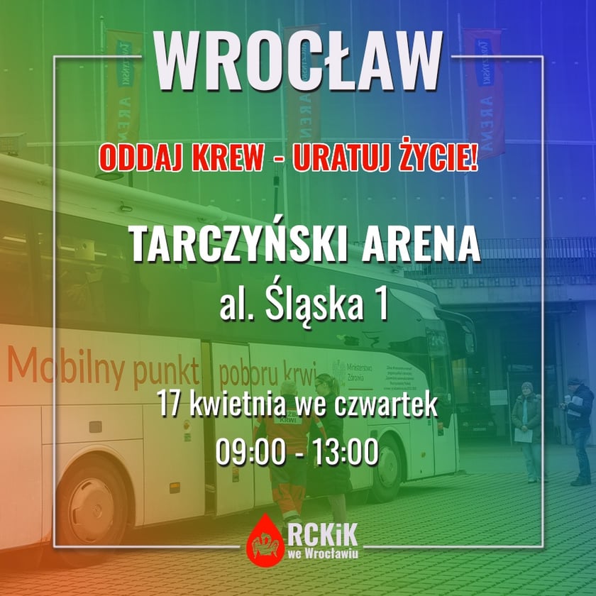 Powiększ obraz: Plakat zapowiadający odwiedziny Krwiobusa RCKiK na Tarczyński Arenie