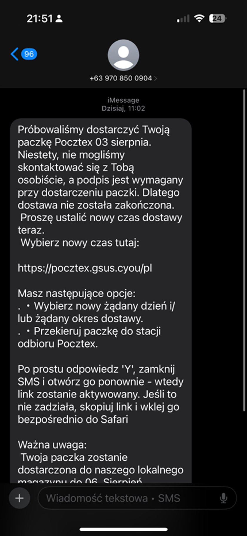 Tak wygląda fałszywa wiadomość rozsyłana przez oszustów