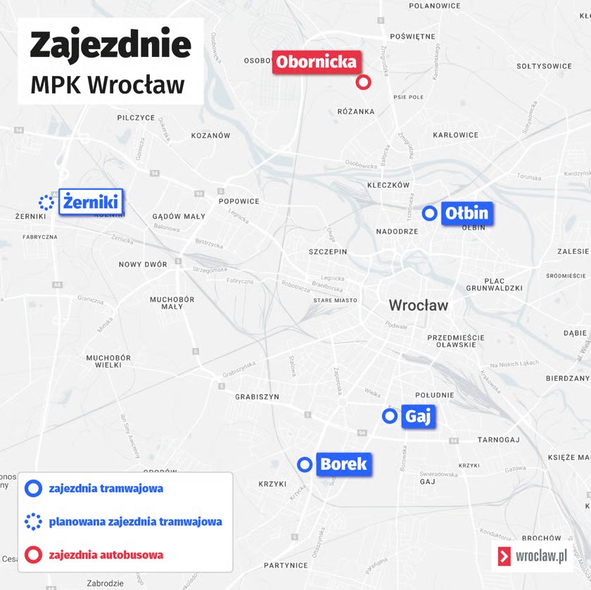 Powiększ obraz: Mapa przedstawia lokalizację zajezdni MPK Wrocław