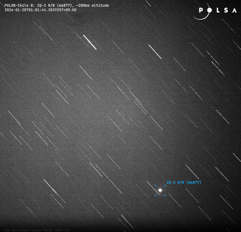 Powiększ obraz: <p>"POLON-Chile B zarejestrował przelot stopnia rakiety ZQ-3 dnia 28 stycznia 2026 około godziny 01:02 UTC"</p>