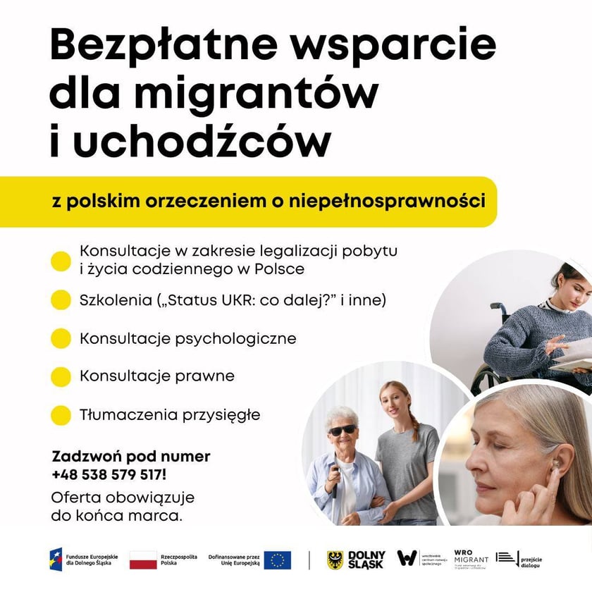 Powiększ obraz: <p>Plakat informujący o bezpłatnym wsparciu dla uchodźc&oacute;w i migrant&oacute;w z polskim orzeczeniem o niepełnosprawności. Wersja PL.</p>