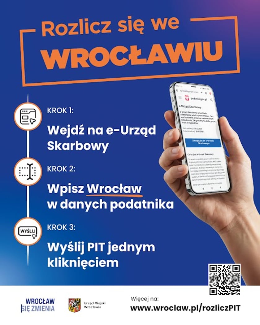 Powiększ obraz: Grafika z napisem rozlicz się we Wrocławiu. Po prawej stronie znajduje się dłoń trzymająca telefon, na wyświetlaczu widnieje strona www.gov.pl. Po lewej stronie zapisane są trzy hasła: wejdź na e-urząd skarbowy, wpisz Wrocław w danych podatnika, wyślij PIT jednym kliknięciem.