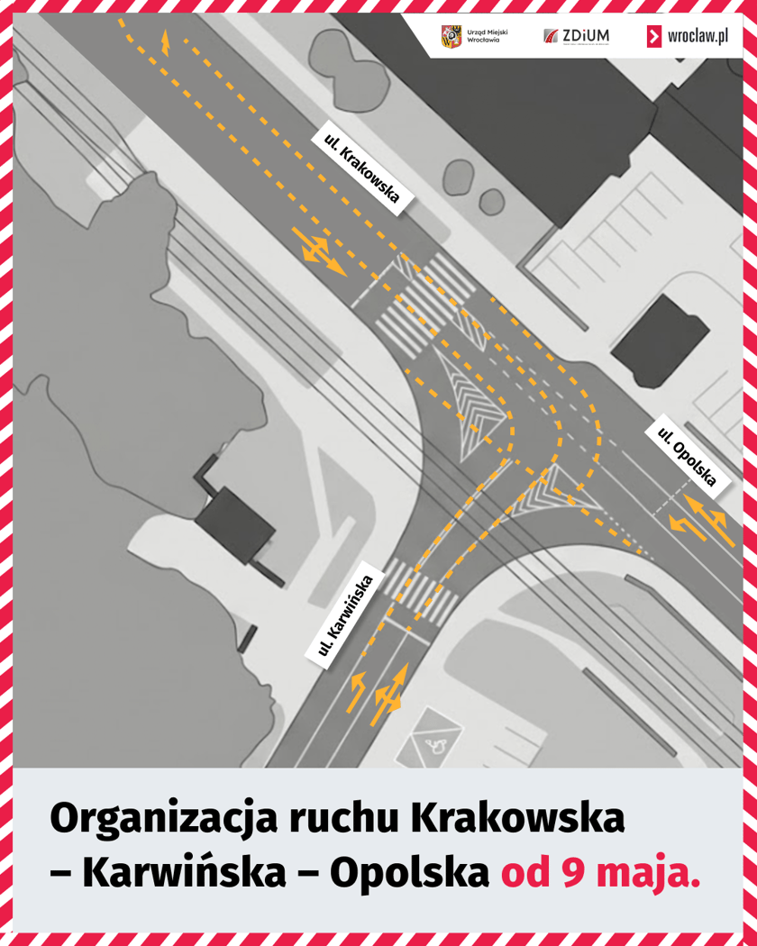 Powiększ obraz: Zmieniona organizacja ruchu na skrzyżowaniu ulicy Karwińskiej z Krakowską i Opolską