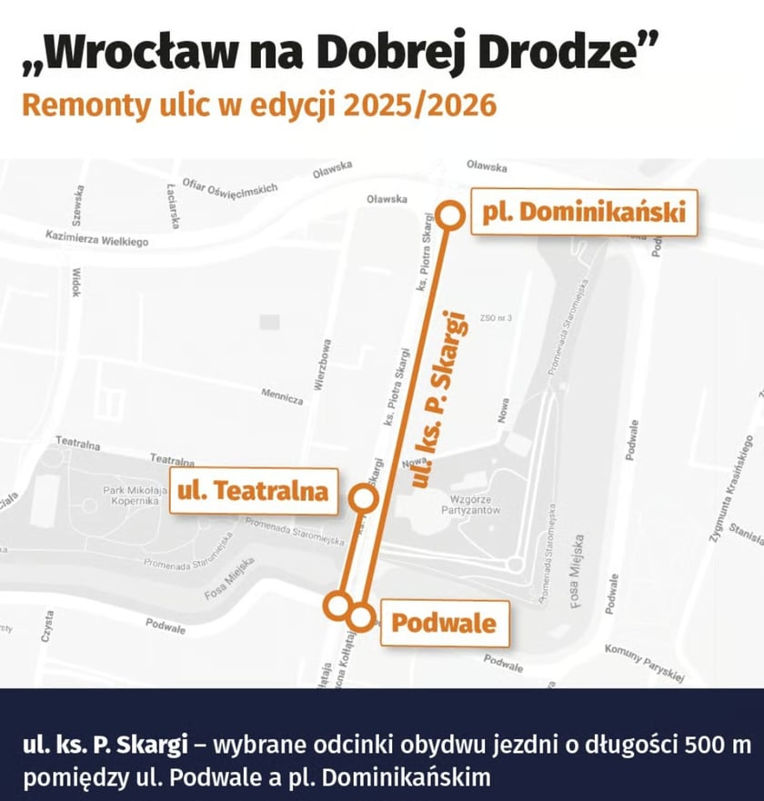 Powiększ obraz: <p>Mapa przedstawia odcinki ulicy Piotra Skargi, na kt&oacute;rych wymieniana będzie nawierzchnia</p>