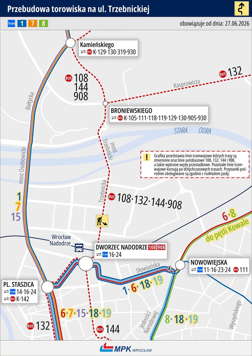 Powiększ obraz: Mapa przedstawia trasy autobusów i tramwajów w czasie remontu ulicy Trzebnickiej