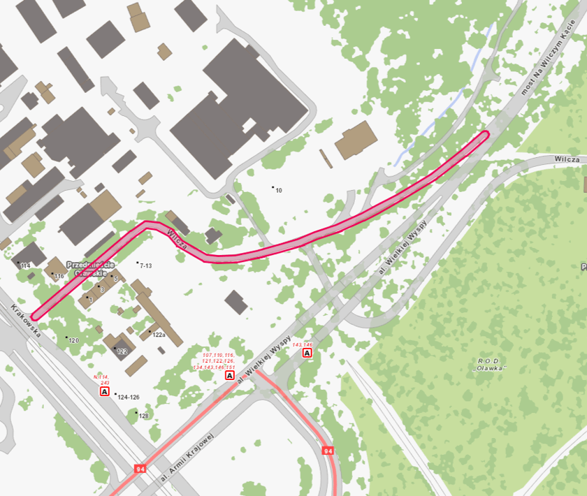 Powiększ obraz: Mapa przedstawia zjazd z mostu Na Wilczym Kącie na ul. Wilczą i dojazd do ul. Krakowskiej