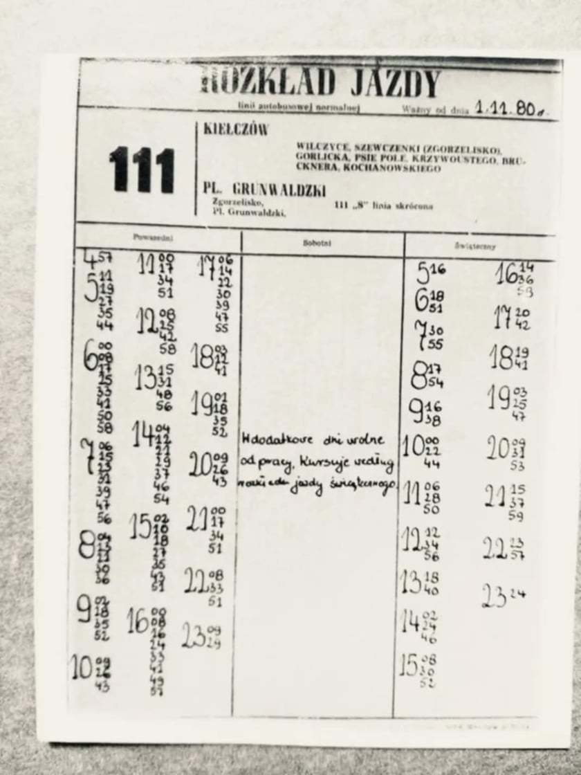 Powiększ obraz: <p class="MsoNormal">Rozkład jazdy linii 111 z Kiełczowa, 1980 r.</p>