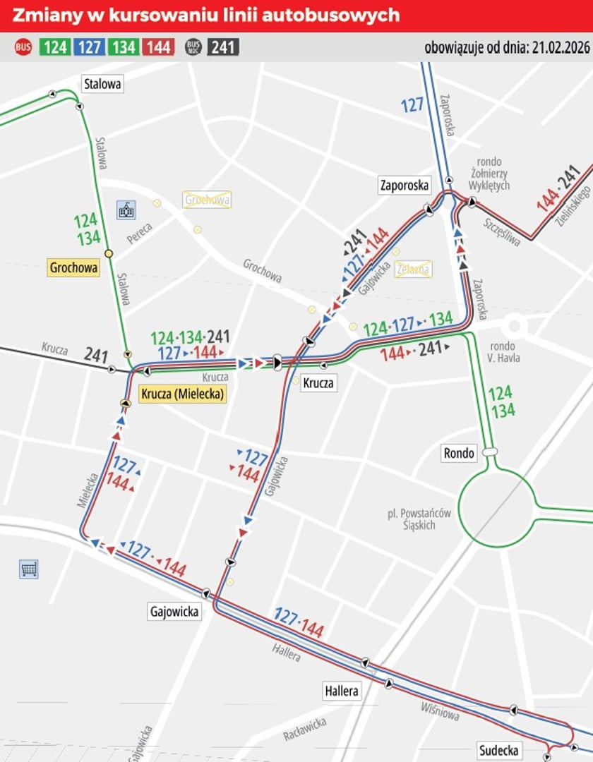 Powiększ obraz: Mapa przedstawia schemat komunikacji autobusowej od 21 lutego - po rozpoczęciu prac na ulicy Gajowickiej