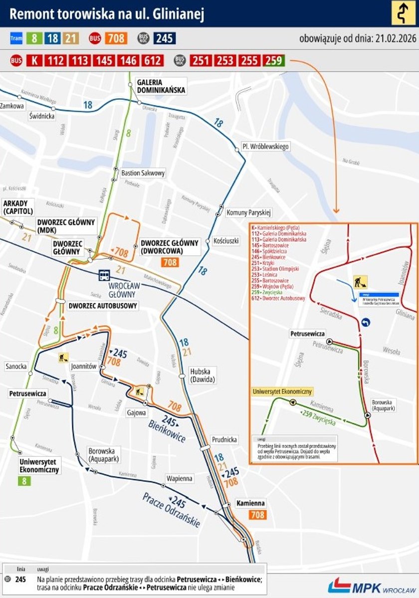 Powiększ obraz: Mapa przedstawia zmiany w komunikacji związane z remontem na ulicy Glinianej