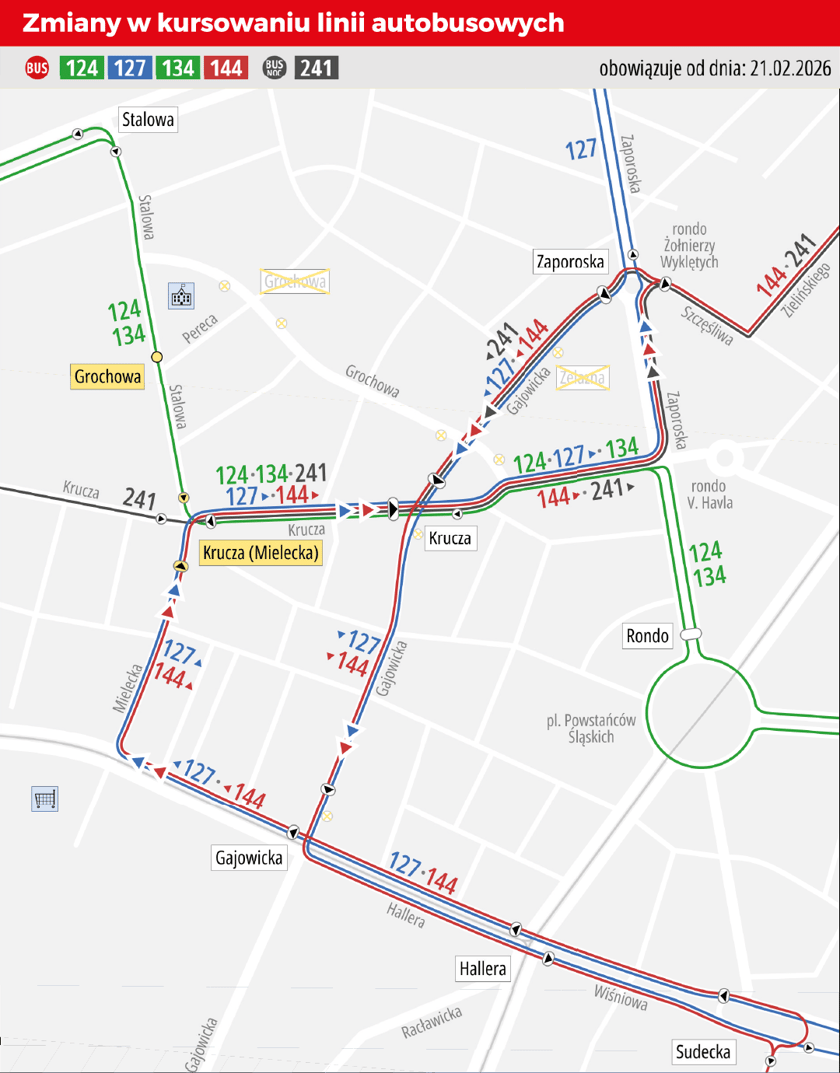 Powiększ obraz: Mapa przedstawia schemat komunikacji autobusowej od 21 lutego - po rozpoczęciu prac na ulicy Gajowickiej