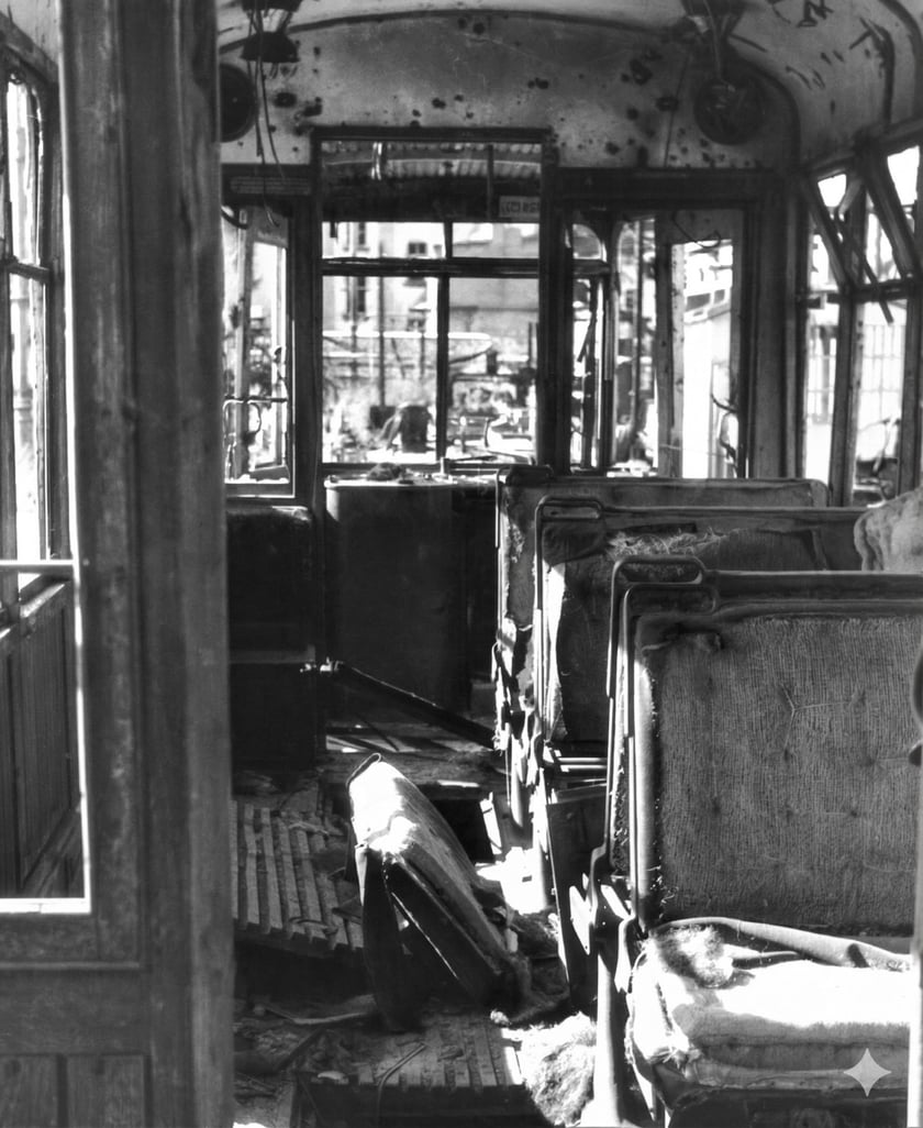 Powiększ obraz: Zniszczone tramwaje LH Standard. Taki był stan taboru przejęty przez ZKmW - poprzednika MPK (archiwalne zdjęcie poprawione przez AI Nano Banana Pro)