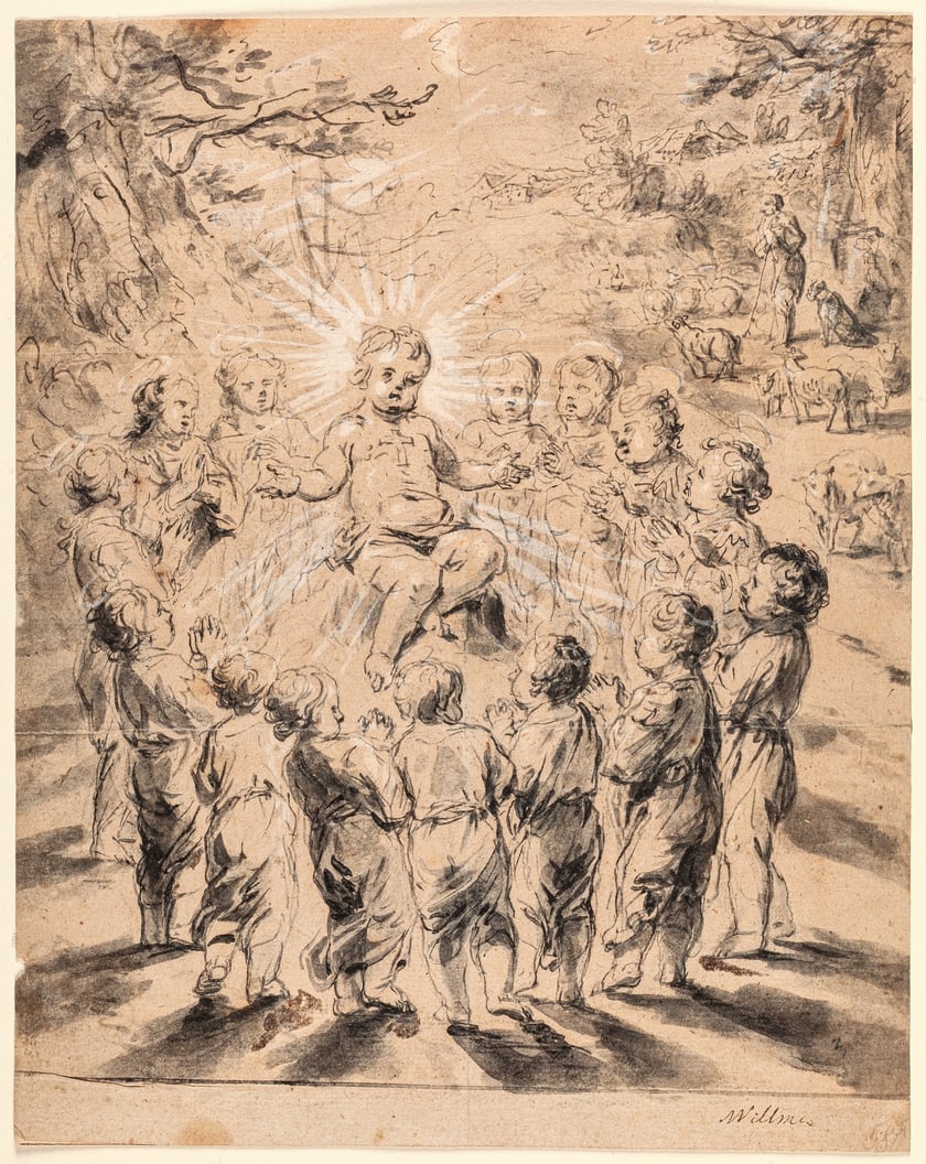 <p><span style="mso-ascii-font-family: Aptos; mso-ascii-theme-font: minor-latin; mso-hansi-font-family: Aptos; mso-hansi-theme-font: minor-latin;">Michael Willmann, Dzieciątko Jezus otoczone przez Czternastu Świętych Wspomożycieli, niedatowany</span></p>