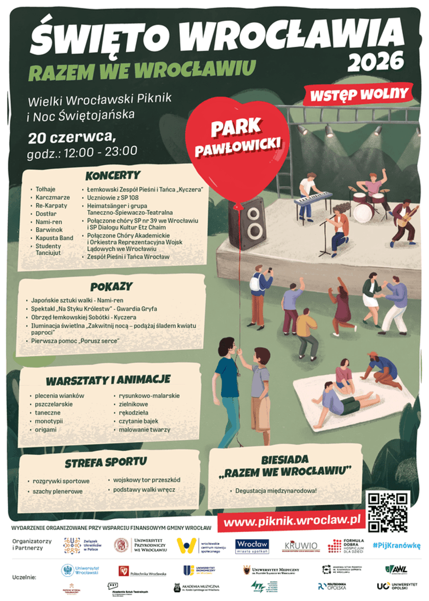 Plakat informujący o Wielkim Pikniku z okazji Święta Wrocławia w Parku Pawłowickim. 20 czerwca, wstęp wolny