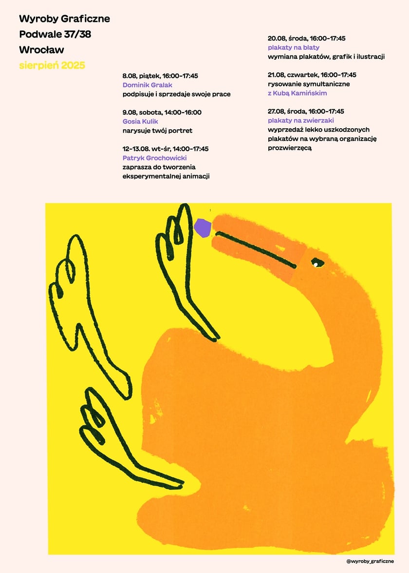 <p>Plakat Jakuba Zasady zapowiadający wydarzenia na stoisku graficznym w DH Podwale</p>