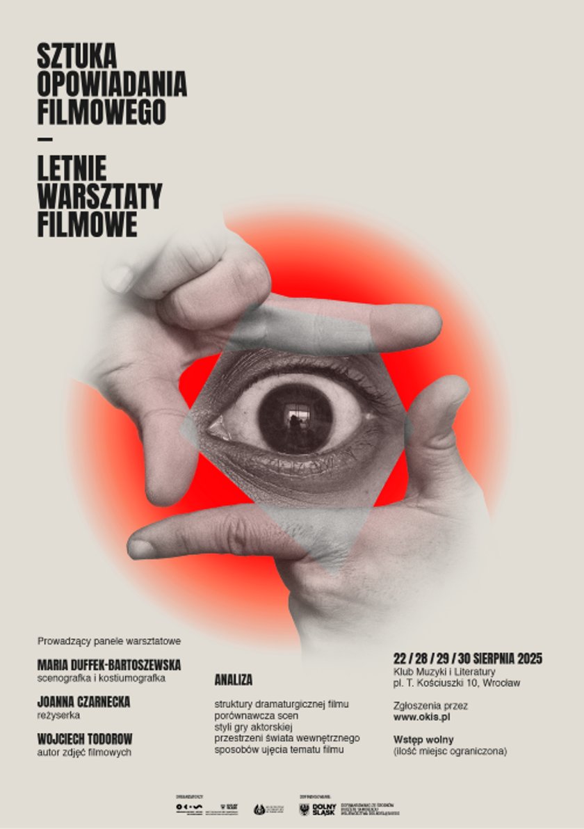 <p>plakat informujący o warsztatach filmowych w Klubie Muzyki i Literatury</p>