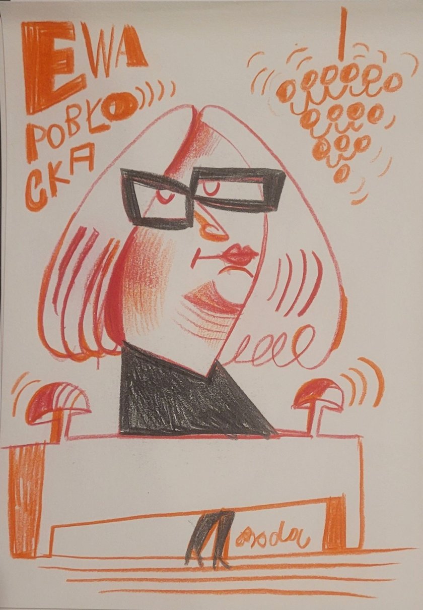 <p>Jurorka Ewa Pobłocka na rysunku Tomasza Brody</p>