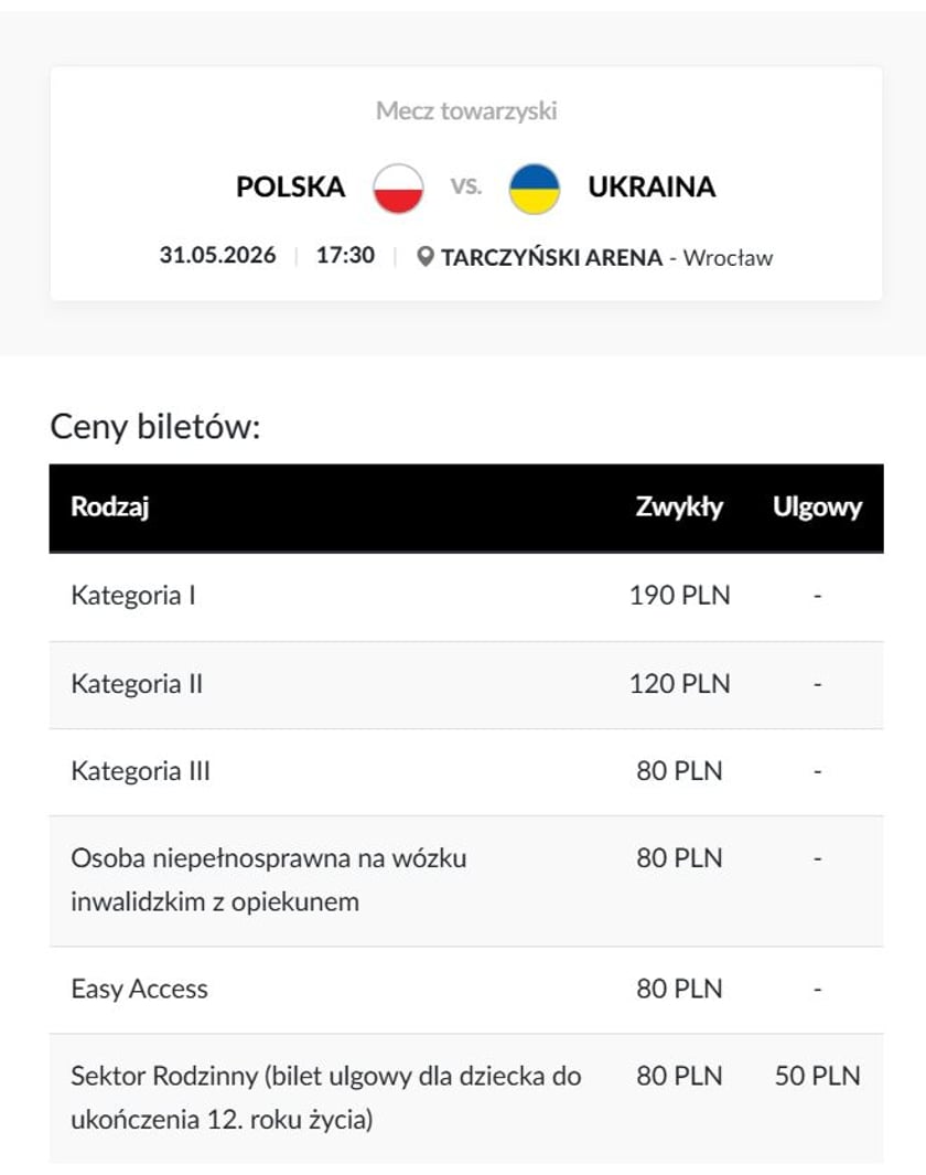 Powiększ obraz: Cennik biletów na mecz Polska - Ukraina