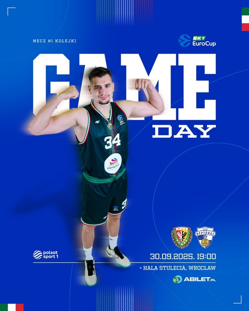 Powiększ obraz: Stefan Djordević na grafice zapowiadającej mecz Śląska z Neptunami