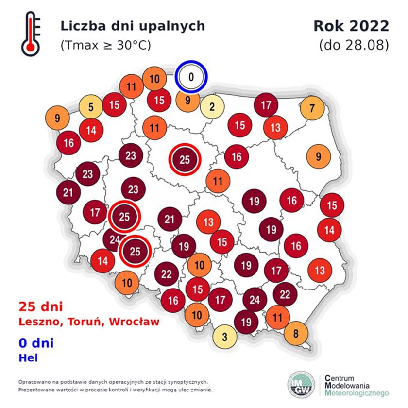 Mapa z wykazem upalnych dni w 2022 r