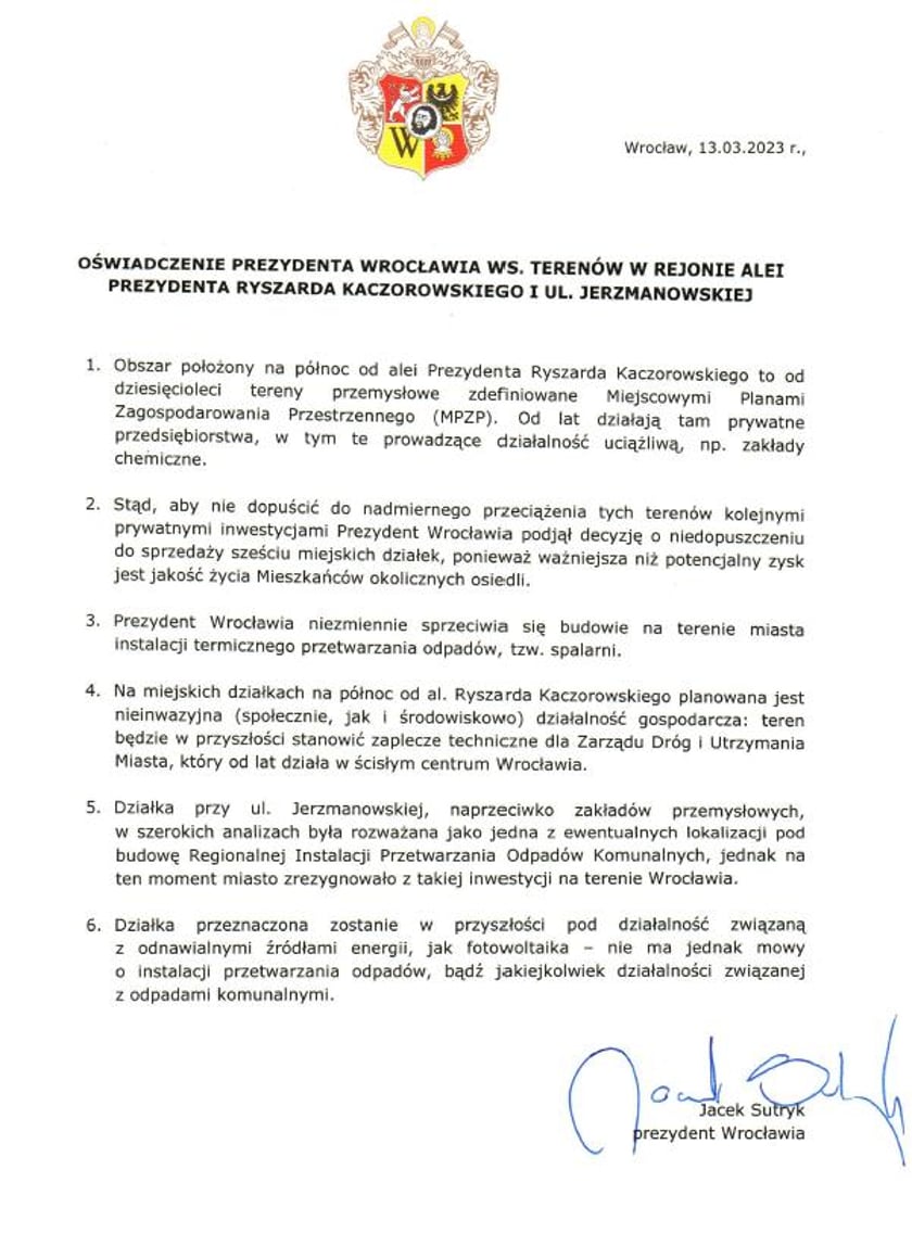 Oświadczenie prezydenta Wrocławia ws. terenów w rejonie alei Kaczorowskiego i ul. Jerzmanowskiej