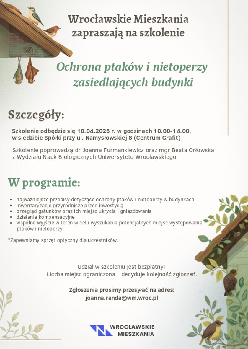 Ochrona ptaków i nietoperzy zasiedlających budynki - plakat szkolenia